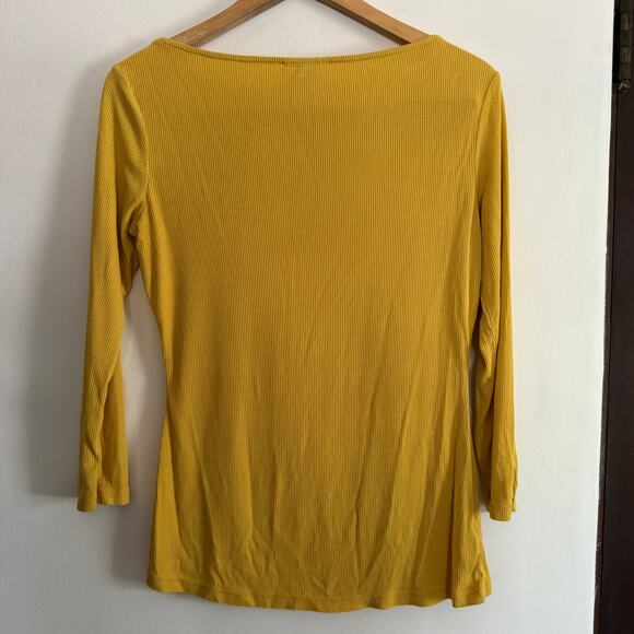 UNIQUE VINTAGE | Mustard Yellow Ribbed Boat Neck 3/4 Sleeve Shirt | Medium - Picture 4 of 5